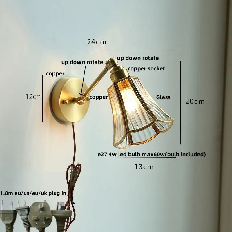 Brass brass clear glass wall lights bedroom reading lamp with pull chain