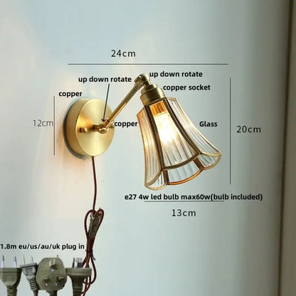 Brass brass clear glass wall lights bedroom reading lamp with pull chain