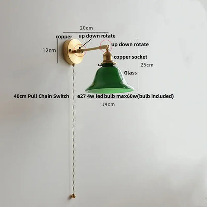Brass brass clear glass wall lights bedroom reading lamp with pull chain