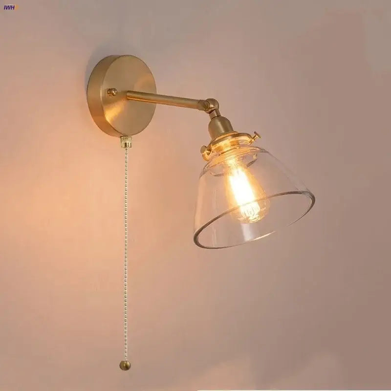 Brass brass clear glass wall lights bedroom reading lamp with pull chain