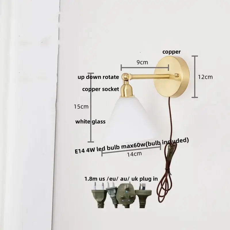 Brass brass clear glass wall lights bedroom reading lamp with pull chain
