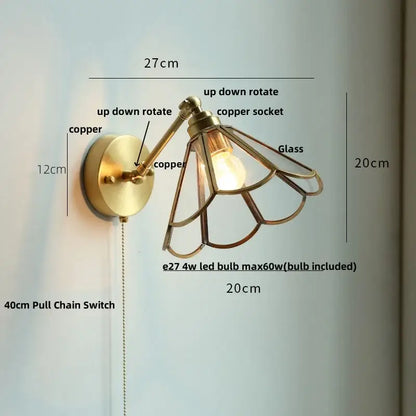 Brass brass clear glass wall lights bedroom reading lamp with pull chain