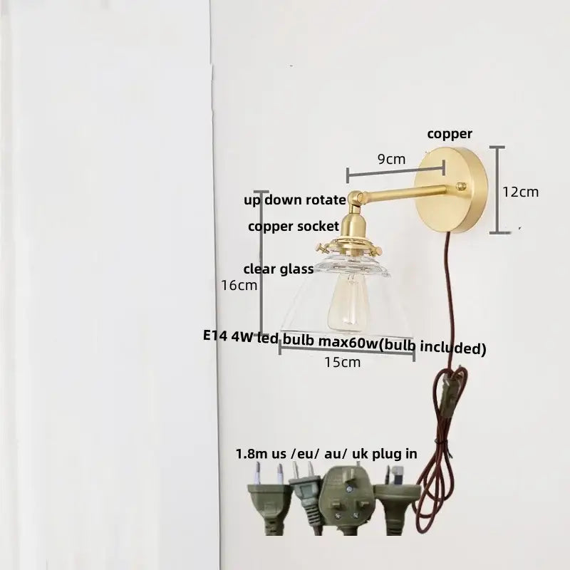 Brass brass clear glass wall lights bedroom reading lamp with pull chain