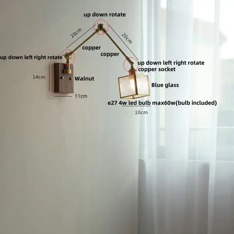 Brass ash wood blue glass wall sconce bedroom light