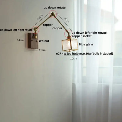 Brass ash wood blue glass wall sconce bedroom light