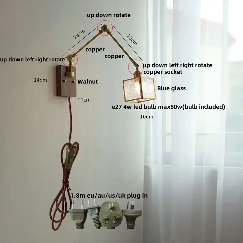 Brass ash wood blue glass wall sconce bedroom light