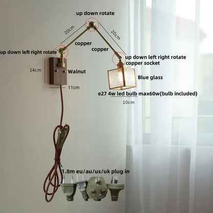 Brass ash wood blue glass wall sconce bedroom light