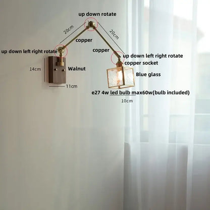 Brass ash wood blue glass wall sconce bedroom light