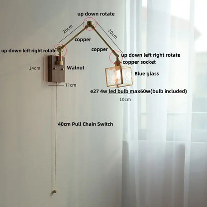 Brass ash wood blue glass wall sconce bedroom light