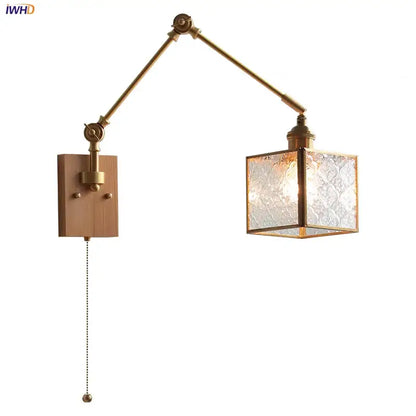 Brass ash wood blue glass wall sconce bedroom light