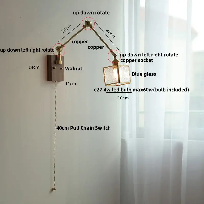 Brass ash wood blue glass wall sconce bedroom light