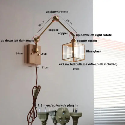 Brass ash wood blue glass wall sconce bedroom light