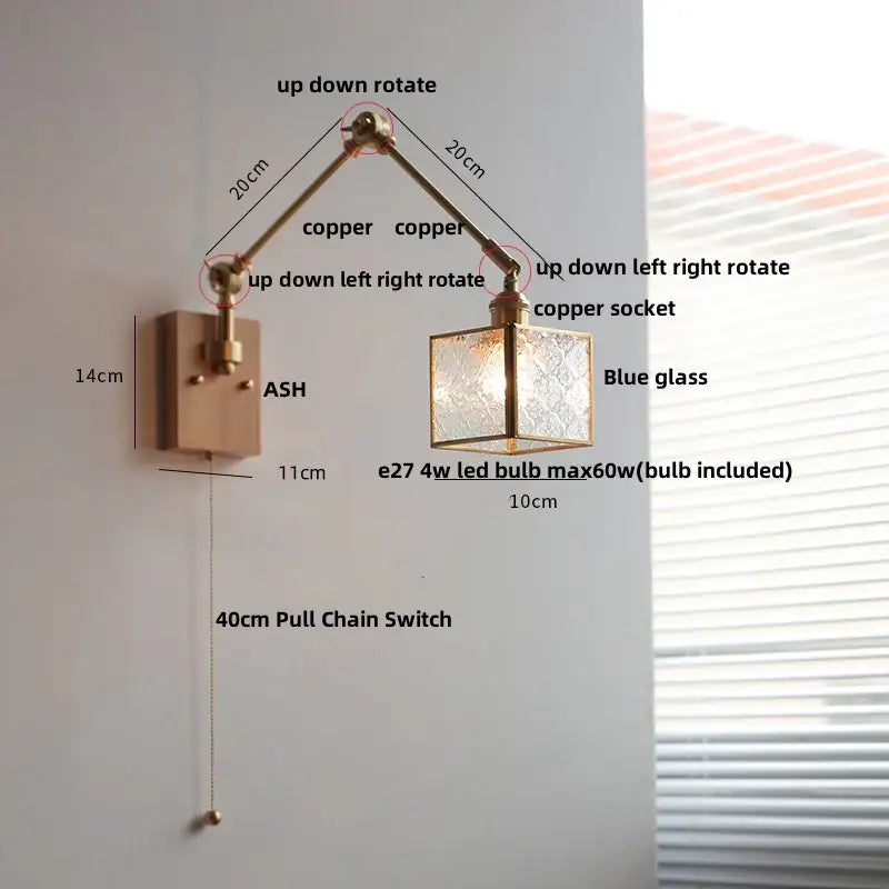 Brass ash wood blue glass wall sconce bedroom light