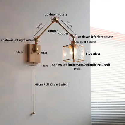 Brass ash wood blue glass wall sconce bedroom light