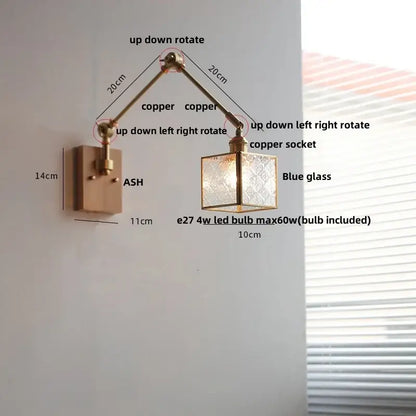 Brass ash wood blue glass wall sconce bedroom light