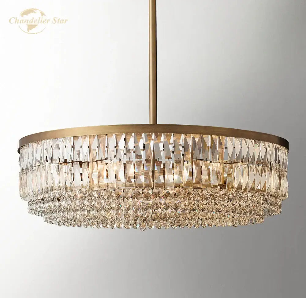 Brass crystal round pendant chandelier dining room