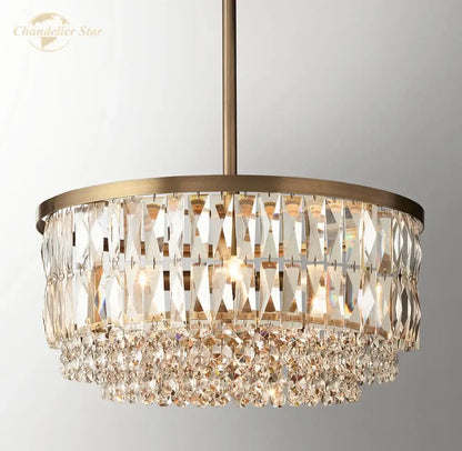 Brass crystal round pendant chandelier dining room