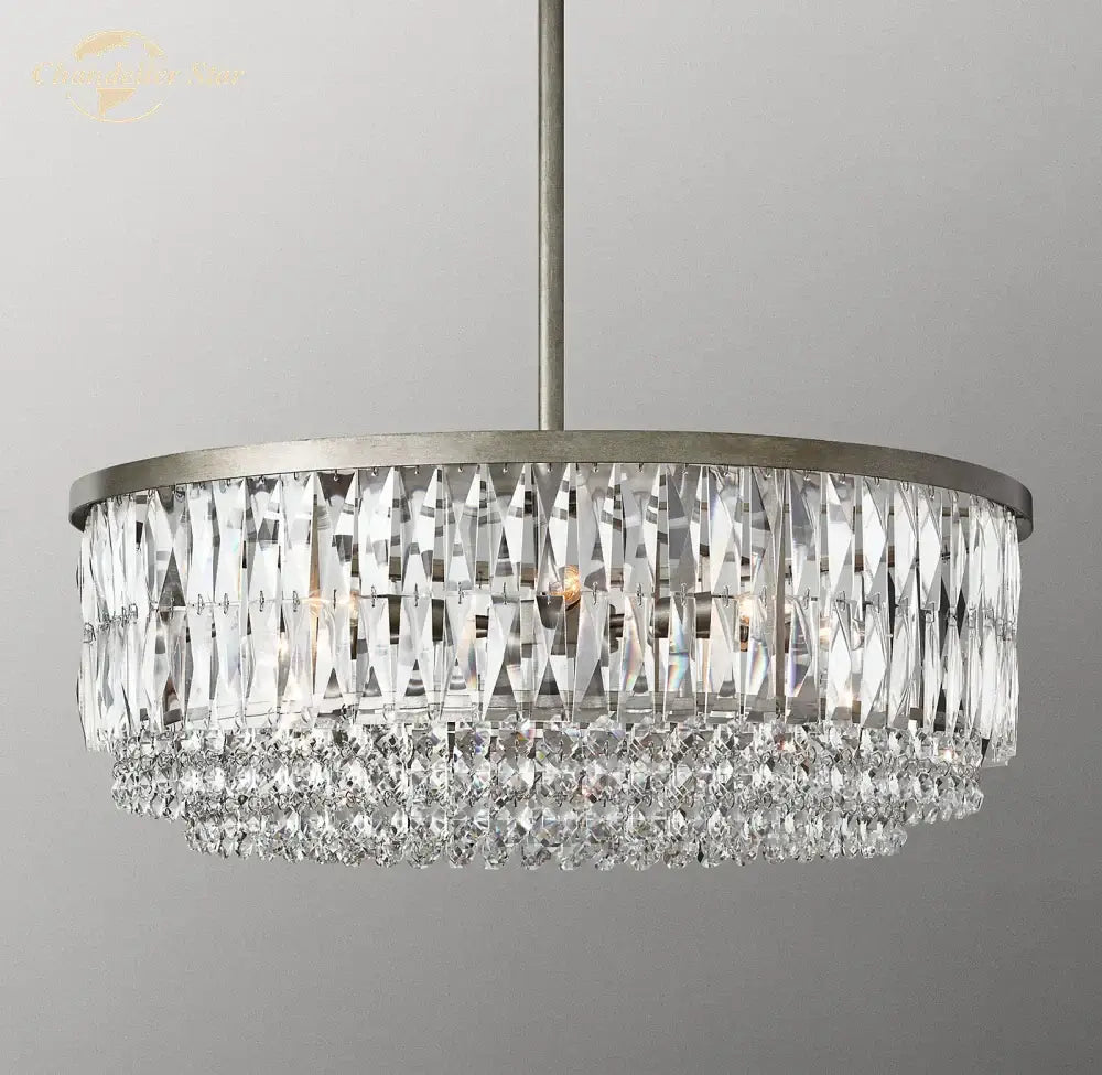 Brass crystal round pendant chandelier dining room