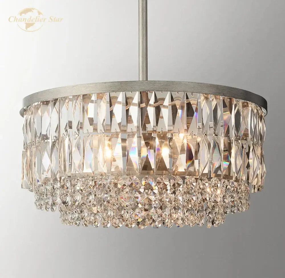 Brass crystal round pendant chandelier dining room