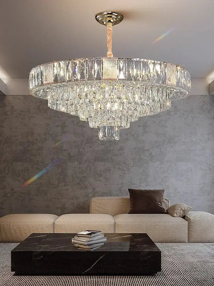 Brass multi tiered crystal ceiling chandelier living room