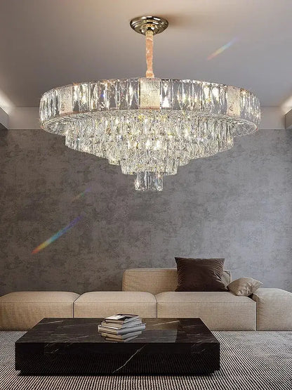 Brass multi tiered crystal ceiling chandelier living room