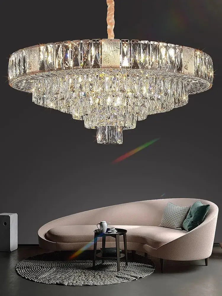 Brass multi tiered crystal ceiling chandelier living room