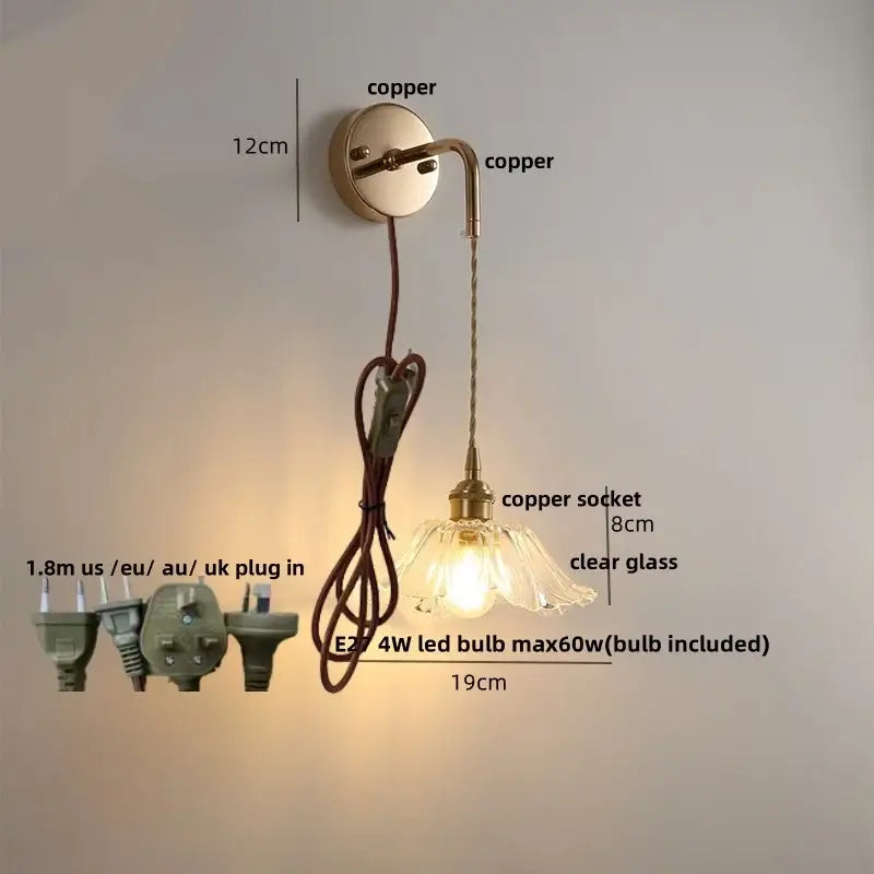 Brass petal glass adjustable led wall light bedroom