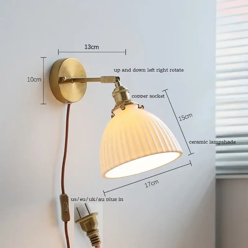 Brass ribbed ceramic wall sconce with iron arm bedroom light