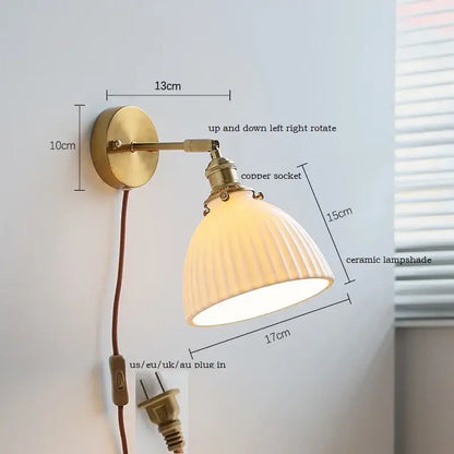 Brass ribbed ceramic wall sconce with iron arm bedroom light