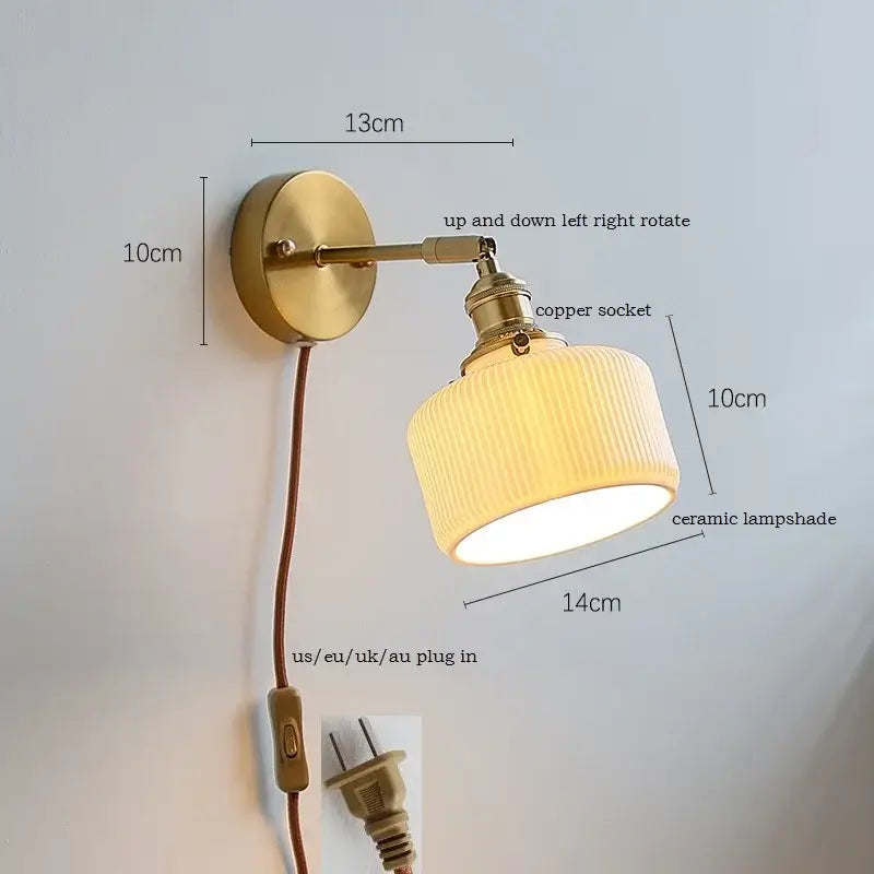 Brass ribbed ceramic wall sconce with iron arm bedroom light