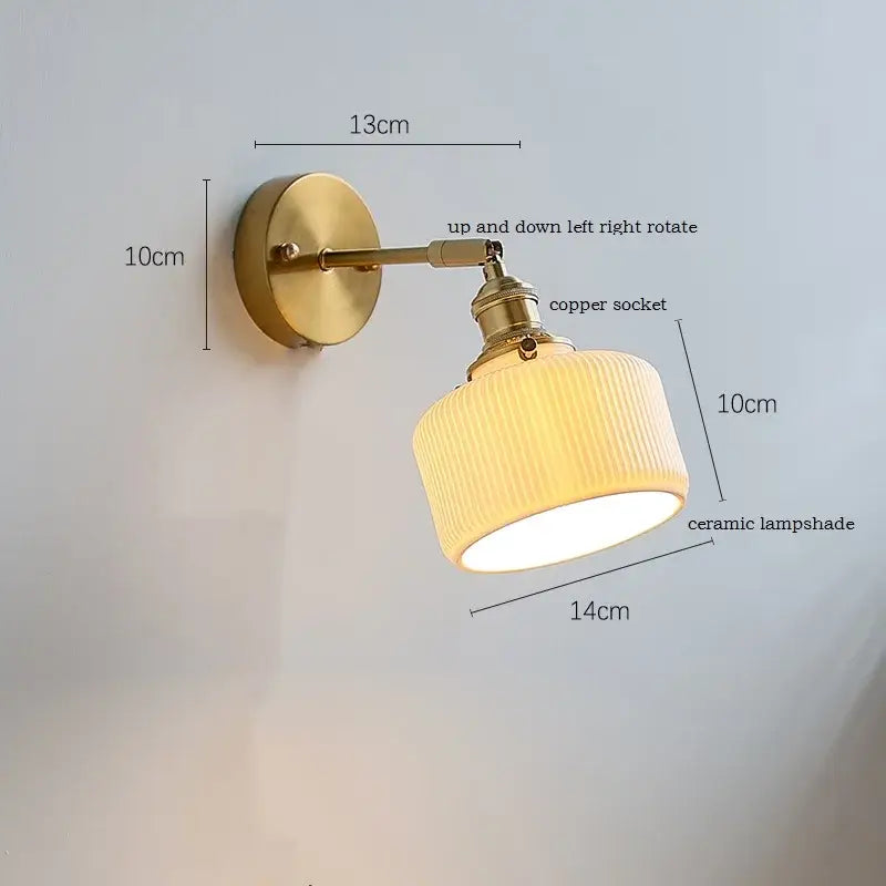 Brass ribbed ceramic wall sconce with iron arm bedroom light