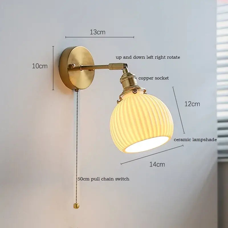 Brass ribbed ceramic wall sconce with iron arm bedroom light