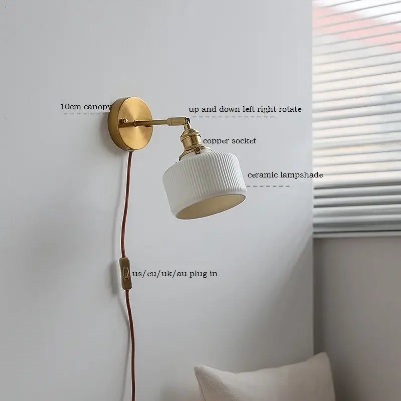 Brass ribbed ceramic wall sconce with iron arm bedroom light