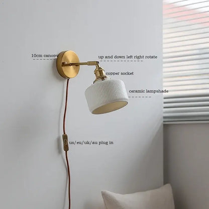 Brass ribbed ceramic wall sconce with iron arm bedroom light