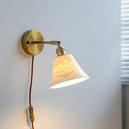 Brass ribbed ceramic wall sconce with iron arm bedroom light