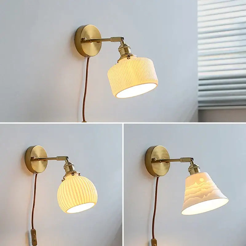 Brass ribbed ceramic wall sconce with iron arm bedroom light