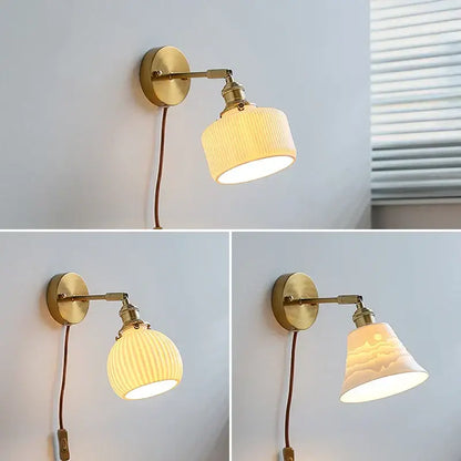 Brass ribbed ceramic wall sconce with iron arm bedroom light