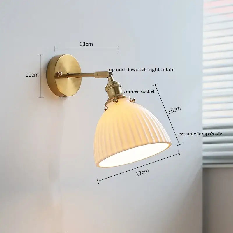 Brass ribbed ceramic wall sconce with iron arm bedroom light