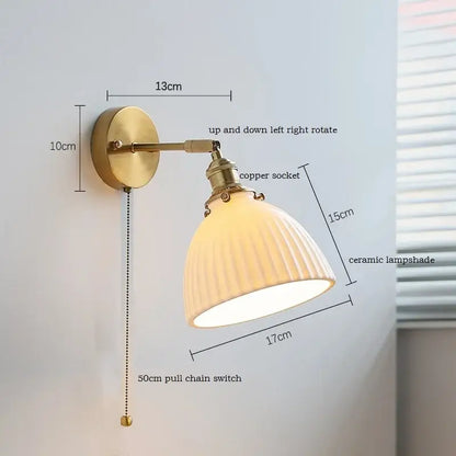 Brass ribbed ceramic wall sconce with iron arm bedroom light