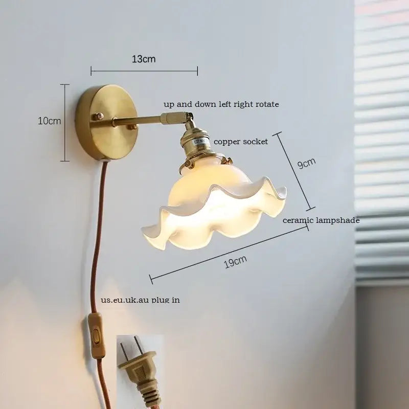 Brass ribbed ceramic wall sconce with iron arm bedroom light
