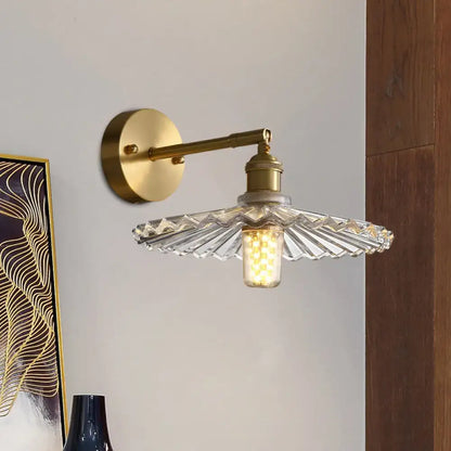 Brass scalloped glass shade bedside sconce light fixture bedroom