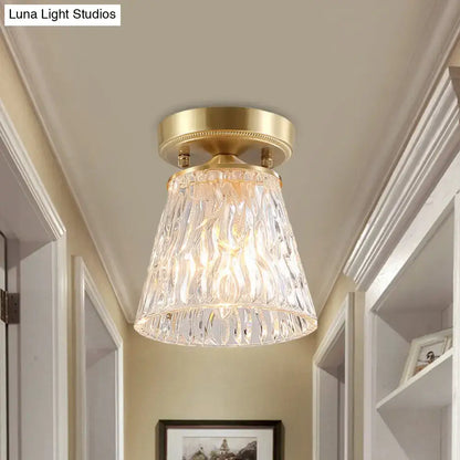 Brass semi flush mount with clear fluted glass for living room