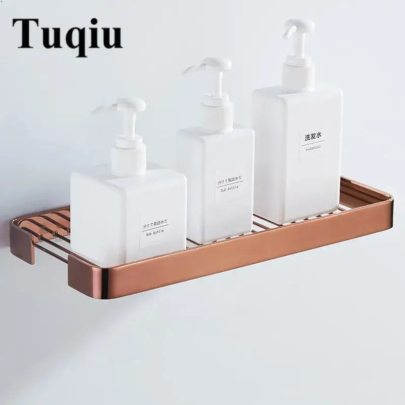 Brass square bathroom shower rack gold slatted metal shelf