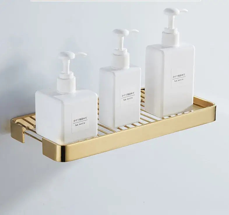 Brass square bathroom shower rack gold slatted metal shelf