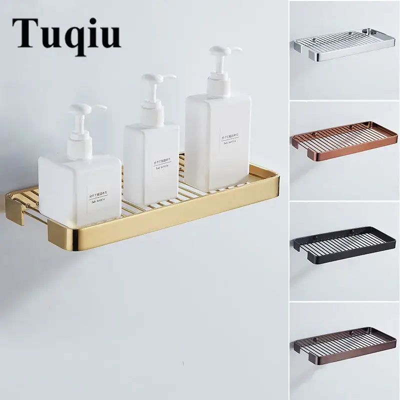 Brass square bathroom shower rack gold slatted metal shelf