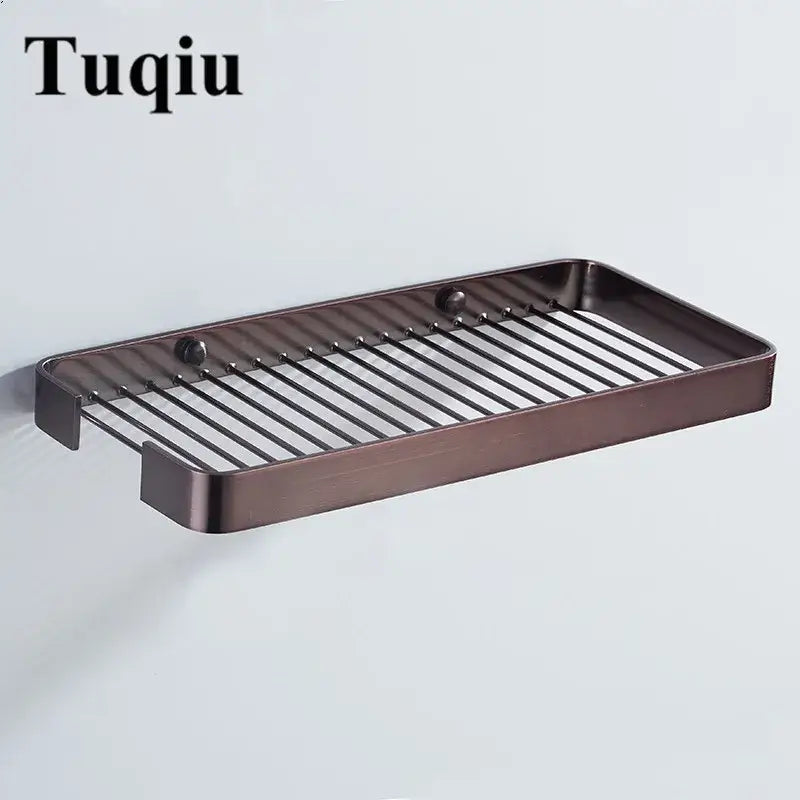 Brass square bathroom shower rack gold slatted metal shelf