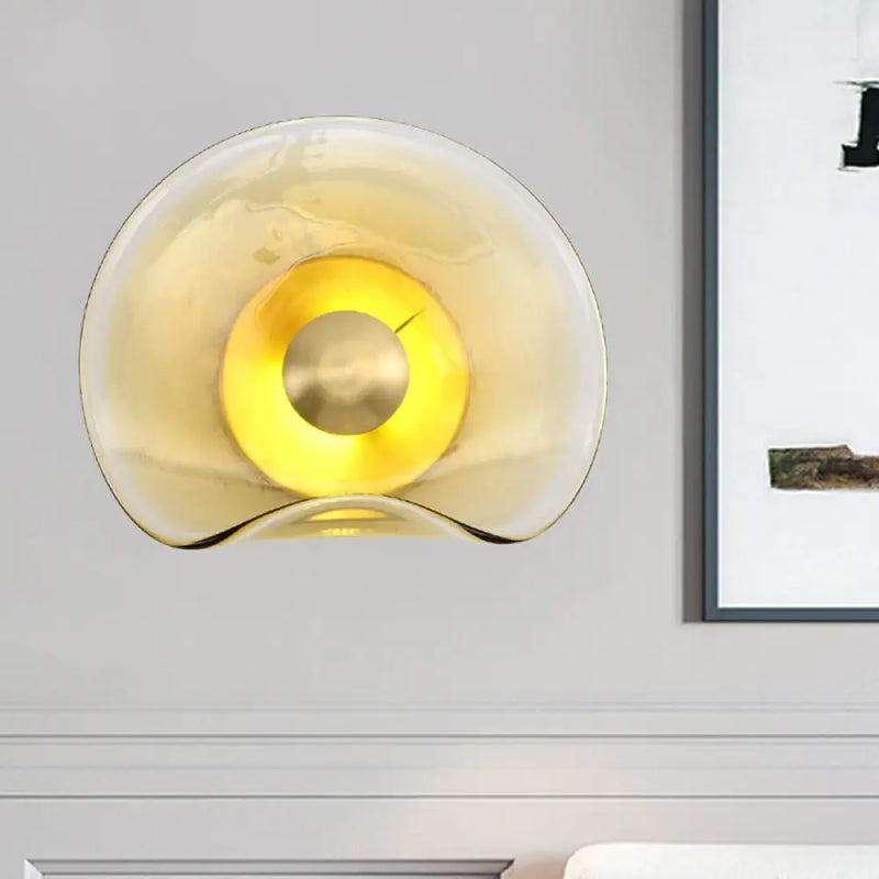 DecorBites™ Brass Wall Mounted LED Sconce Light: Tan Glass Bend Panel Post-Modern Lamp