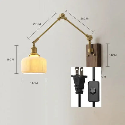 Brass & walnut copper swing arm led wall sconce bedroom light