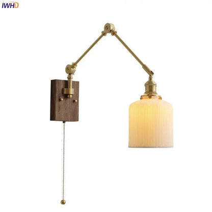 Brass & walnut copper swing arm led wall sconce bedroom light