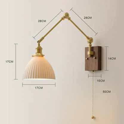 Brass & walnut copper swing arm led wall sconce bedroom light